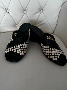 Tory Burch Black and White Woven Slide Mules